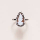 Tear drop Italian Shell Cameo, Silver & Pave Diamond Ring