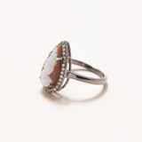 Tear drop Italian Shell Cameo, Silver & Pave Diamond Ring