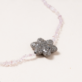 Pale Pink Mini Herkimer Diamond, Silver Pave Diamond Flower Bead Pendant with Gold Plated Silver Clasp