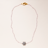 Pale Pink Mini Herkimer Diamond, Silver Pave Diamond Flower Bead Pendant with Gold Plated Silver Clasp