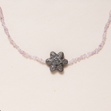Pale Pink Mini Herkimer Diamond, Silver Pave Diamond Flower Bead Pendant with Gold Plated Silver Clasp