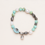Green Howlite, Silver Tibetan Beads and Pendant, Precious Pearls and Enamel and Diamond Bead Bracelet