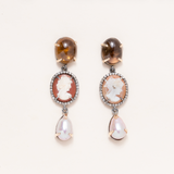 Limpia River Sapphire, Italian Shell Cameo, Precious Pearl, Silver, 14K Gold and Diamond pave Earrings