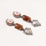 Limpia River Sapphire, Italian Shell Cameo, Rutilated Quartz, Silver, 14 K Gold and Diamond Pave Earrings