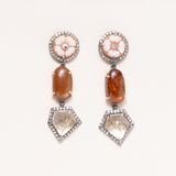 Limpia River Sapphire, Italian Shell Cameo, Rutilated Quartz, Silver, 14 K Gold and Diamond Pave Earrings
