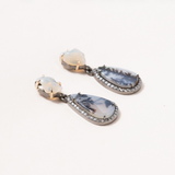 Natural White Australian Opal, Dendritic Agate, Silver, 14K Gold & Diamond Pave Earrings