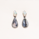 Natural White Australian Opal, Dendritic Agate, Silver, 14K Gold & Diamond Pave Earrings