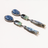 Lapis Moon Face, Petrified Opal, Labradorite Fish, Silver, 14 K Gold & Diamond Pave Earrings