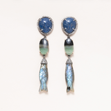Lapis Moon Face, Petrified Opal, Labradorite Fish, Silver, 14 K Gold & Diamond Pave Earrings