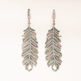 Diamond and Emerald Pave, Silver & 18K Gold Feather Earrings
