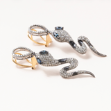 Diamond Pave, Sapphire, Silver & Gold Snake Earrings