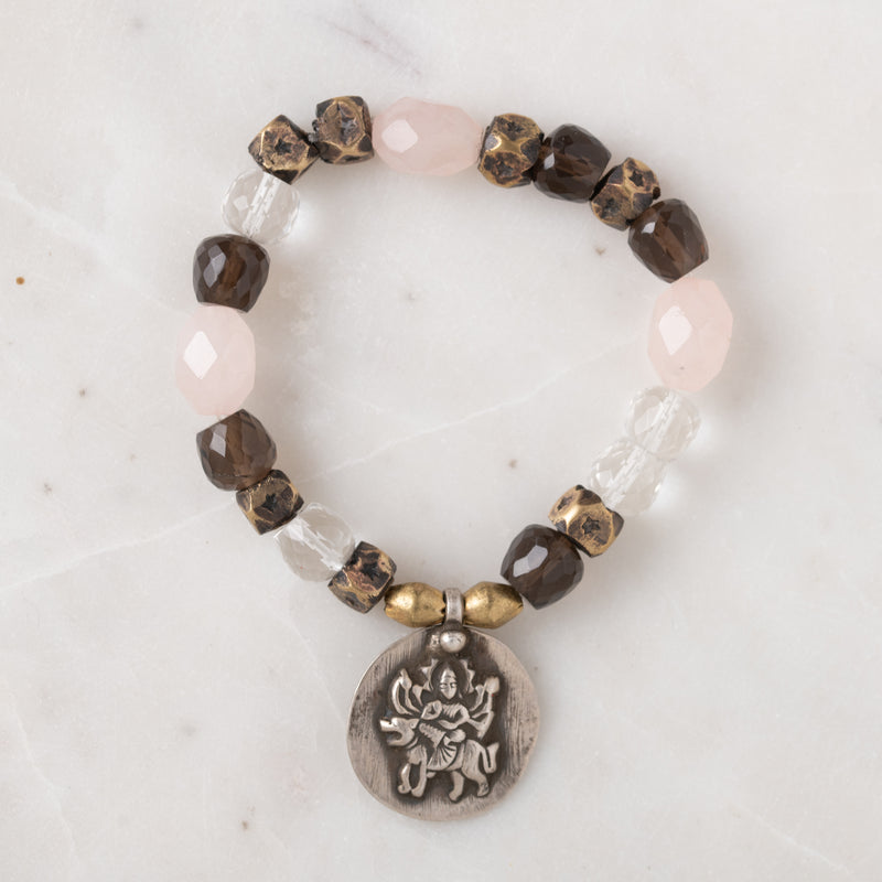 Rose Quartz, Faceted Clear and Smoky Quartz, and Vintage African Brass with Vintage Silver Durga Charm Bloom Bracelet