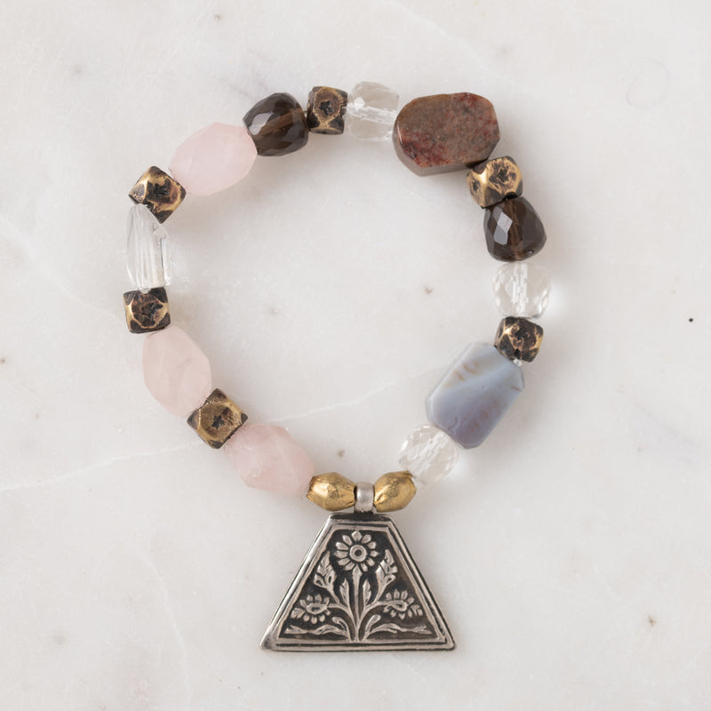 Faceted Clear, Rose and Smoky Quartz, Agate and Vintage African Brass with Vintage Silver Puja Charm Bloom Bracelet