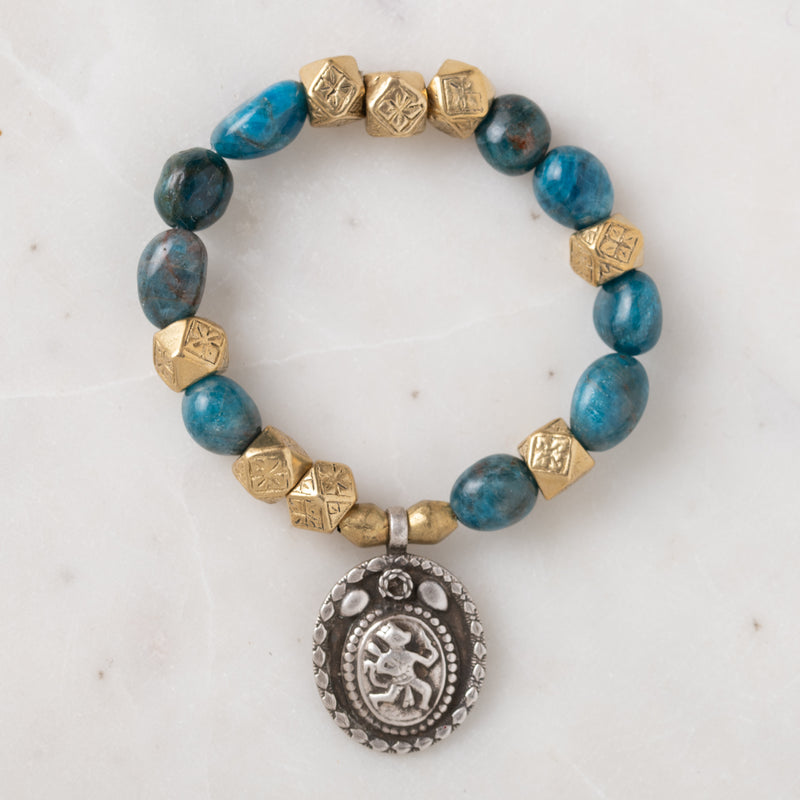 Apatite and Vintage African Brass with Vintage Silver Hanuman Charm Bloom Bracelet