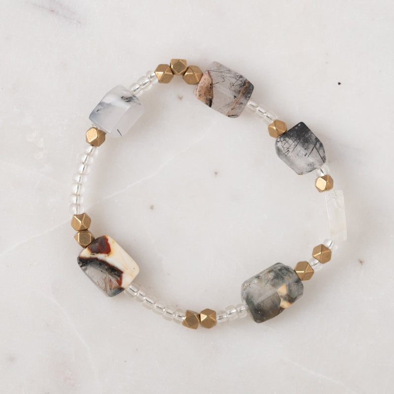 Rutilated Quartz, Glass and Brass Bloom Bracelet