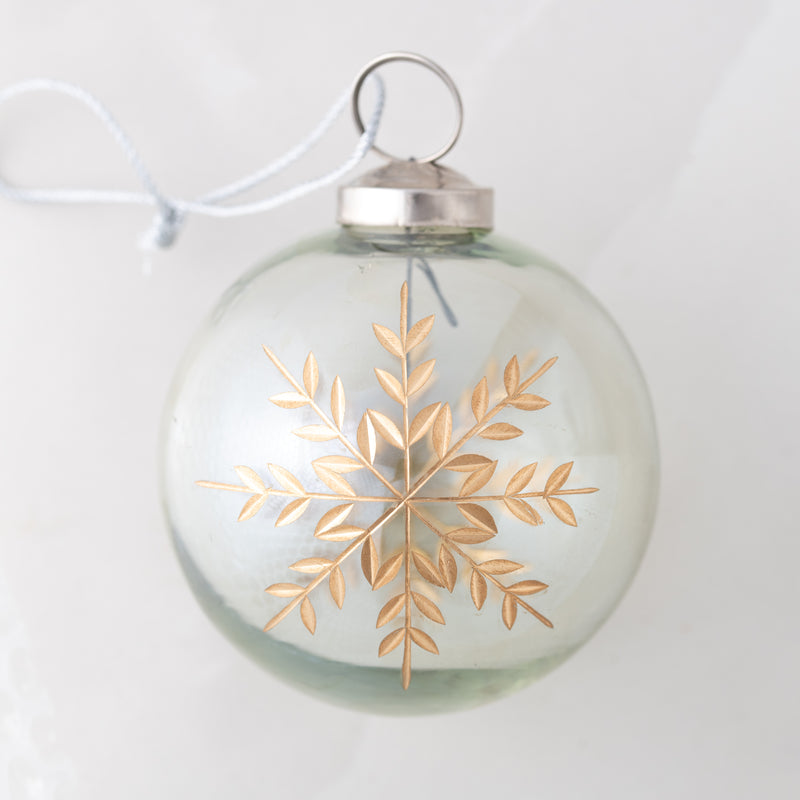 Green Lustered with Gold Snowflake Glass Ball