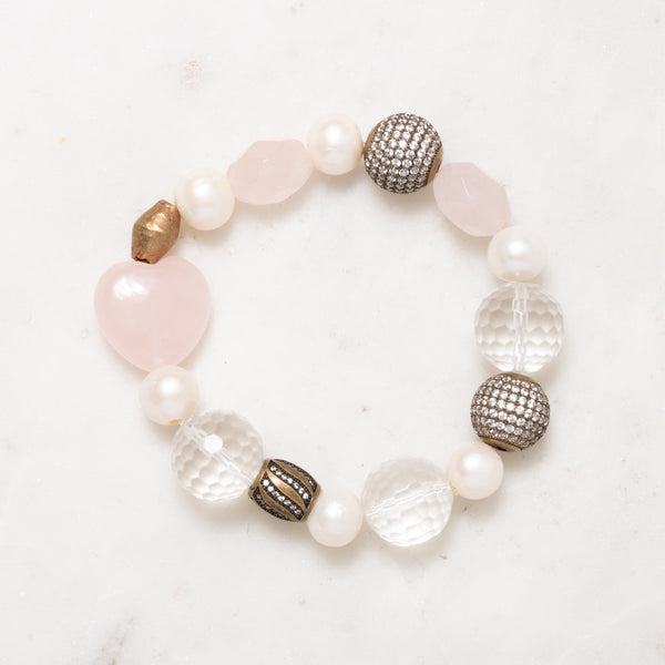 African Brass, Pearl, CZ Diamonds, and Rose, and Clear Quartz Bloom Bracelet