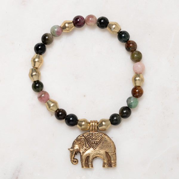 Agate, Jasper, Brass, and Elephant Charm Bloom Bracelet