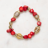 African Brass, Coral, and CZ Diamonds Bloom Bracelet