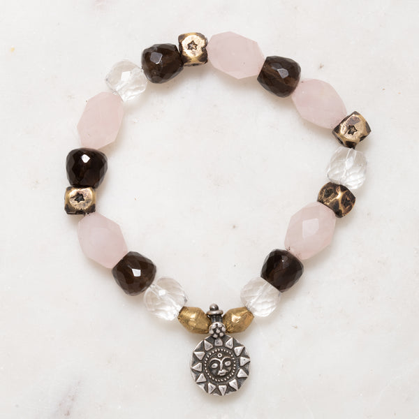 African Brass and Clear, Rose, and Smokey Quartz, with Sun Charm Bloom Bracelet