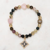 Jasper, Brass, Rose Quartz, and CZ Diamond Charm Bloom Bracelet