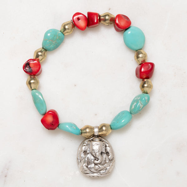 African Brass, Sleeping Beauty Turquoise, Coral, and Ganesha Charm Bloom Bracelet