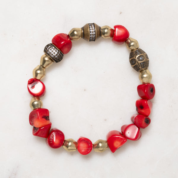 African Brass, Coral, and CZ Diamonds Bloom Bracelet