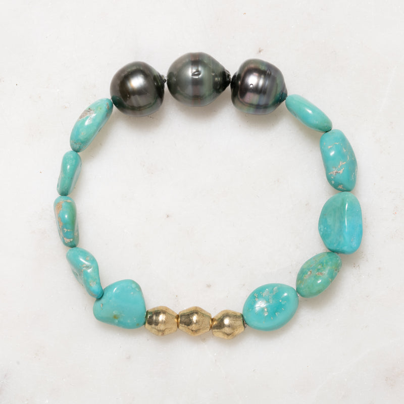 African Brass, Sleeping Beauty Turquoise, and Tahitian Pearl Bloom Bracelet
