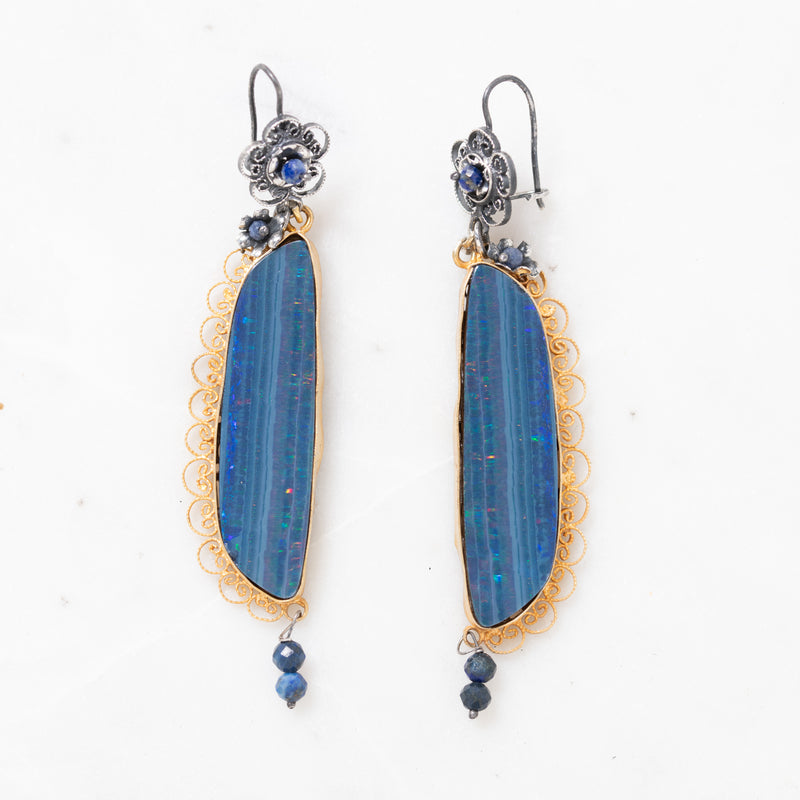 Opal with with Hand-Hammered Silver and Gold Earrings
