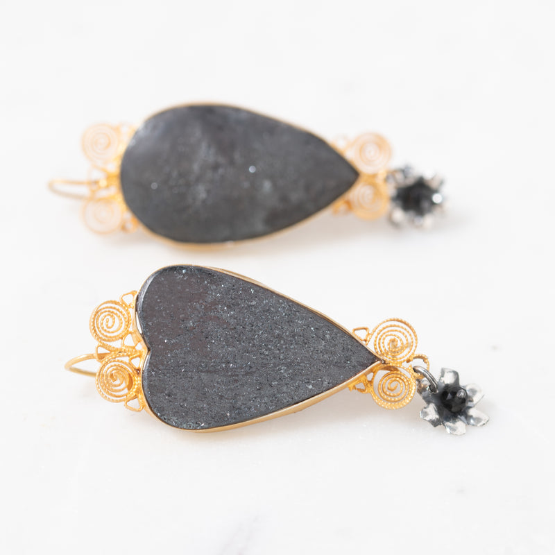 Meteorite with with Hand-Hammered Silver and Gold Earrings