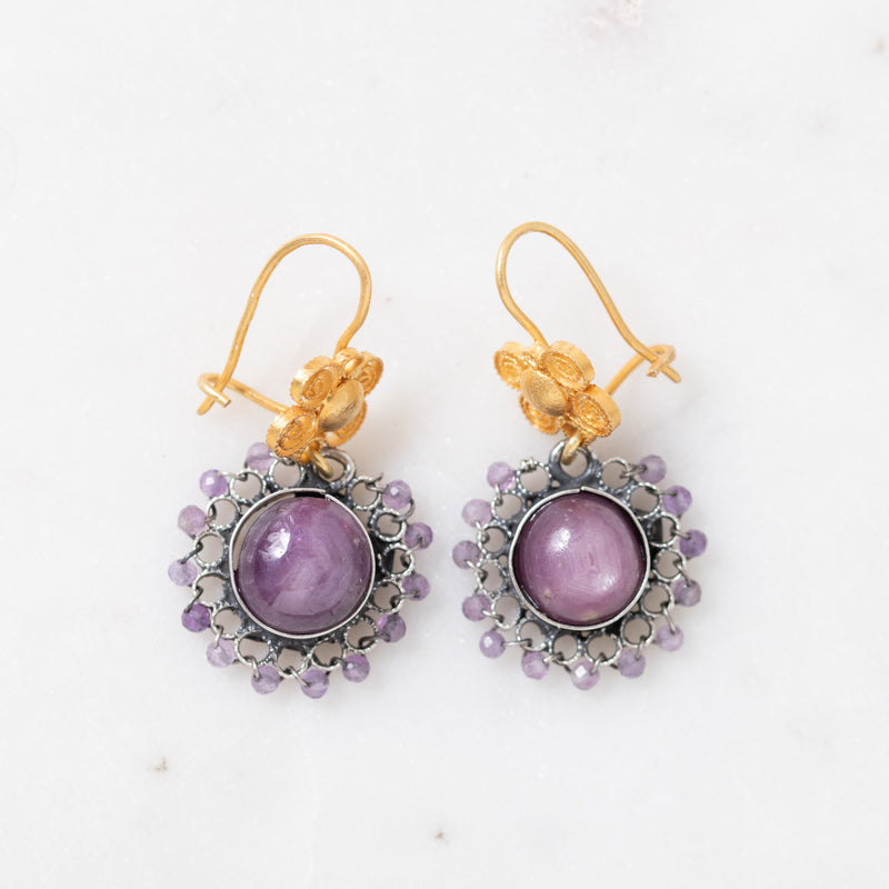 Star Ruby with Hand-Hammered Silver and Gold Earrings