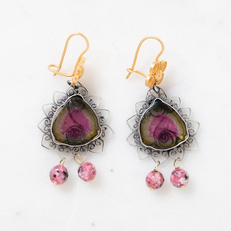 Watermelon Tourmaline with Hand-Hammered Silver and Gold Earrings