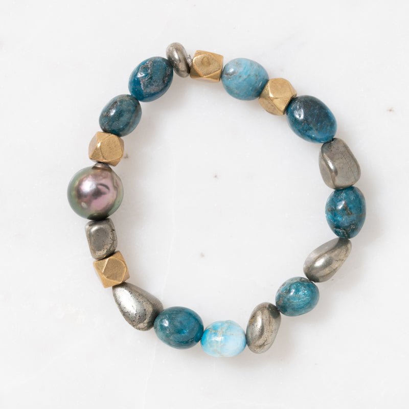 Apatite, Brass, Apache Goldstone, and Tahitian Pearl Bloom Bracelet