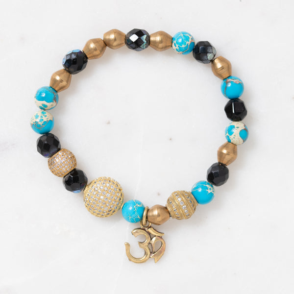 Jasper Turquoise, Brass, CZ Diamonds, and Om Pendant Bloom Bracelet