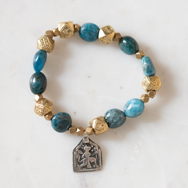 Vintage Brass, Apatite, and Silver Indian Deity Charm Bloom Bracelet