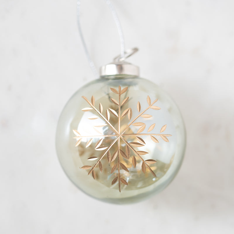 Green Lustered with Gold Snowflake Glass Ball