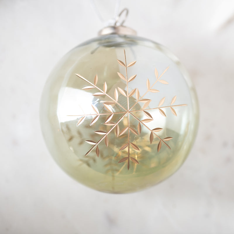 Green Lustered with Gold Snowflake Glass Ball