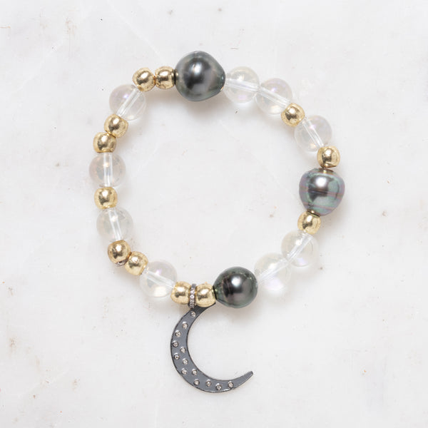 Brass, Crystal, Tahitian Pearls and Diamond Moon Pendant