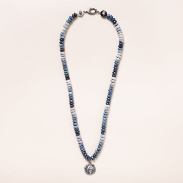 Peruvian Blue Opal Necklace with Silver and Diamond Pendant