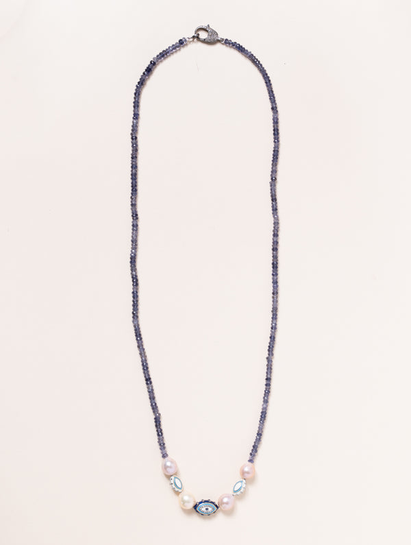 Iolite Necklace with Evil Eyes and Pearls