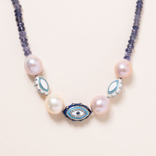 Iolite Necklace with Evil Eyes and Pearls