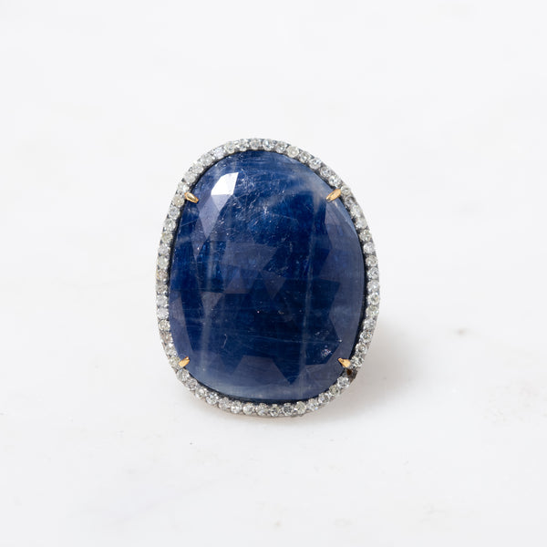 Faceted Sapphire in Diamonds Ring