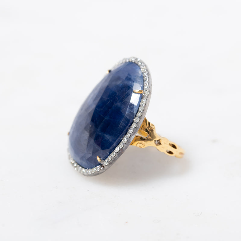 Faceted Sapphire in Diamonds Ring