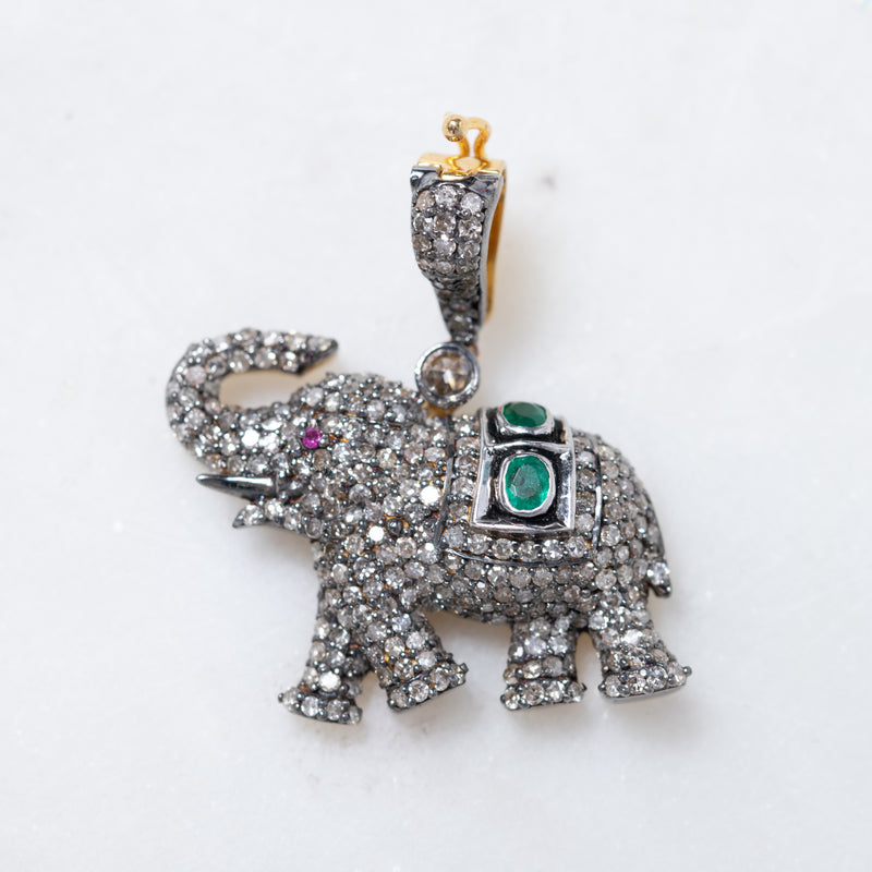 Diamond Elephant with Ruby and Emerald Pendant