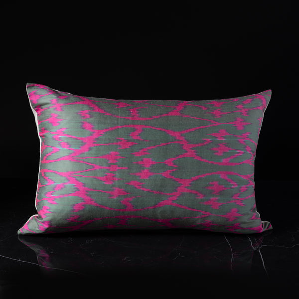 Ikat Silk Pink and Forest Lumbar Pillow