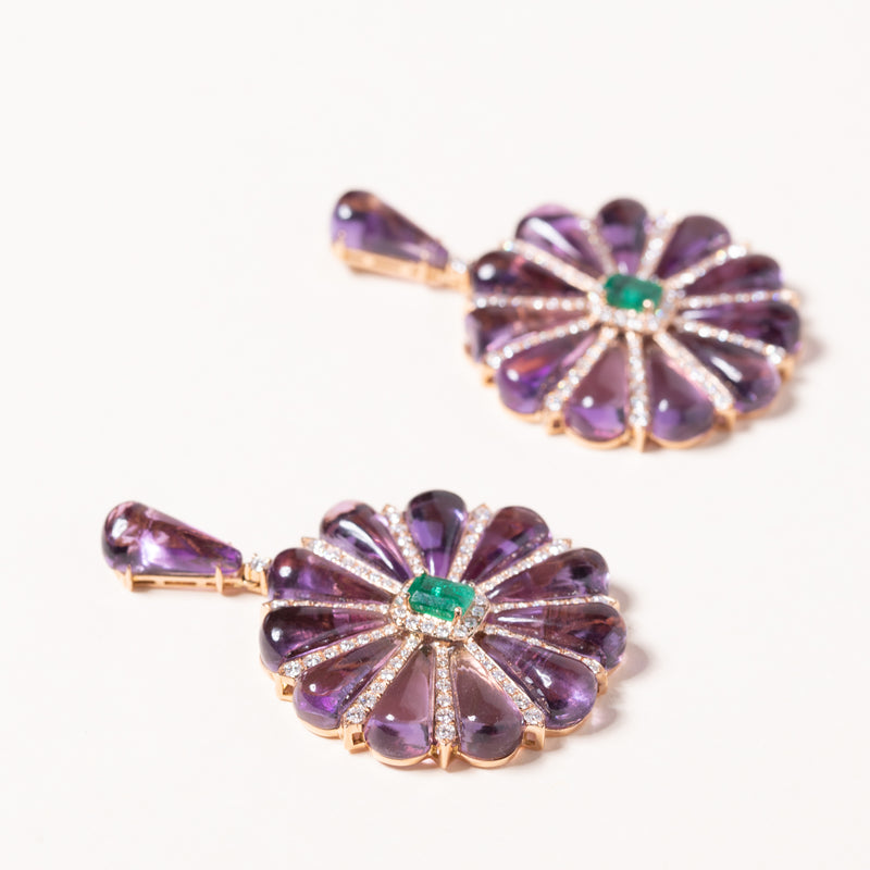 amethyst and emerald drop fan earrings