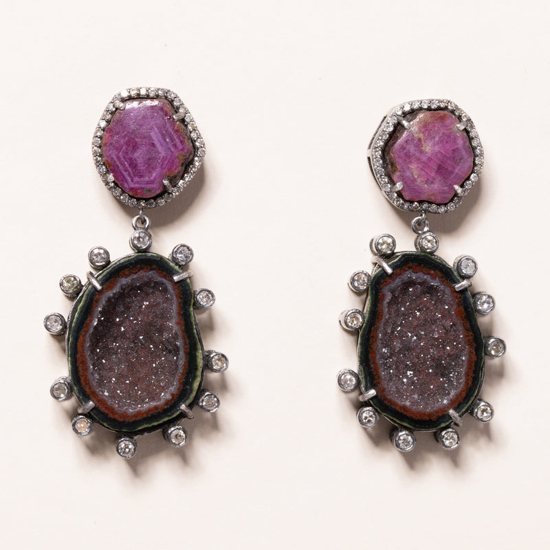 Ruby and Druzy Geode Diamond Drop Earrings
