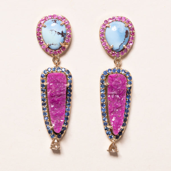 Mirrored Kazakhstan Turquoise and Cobalto Calcite Drop Earrings