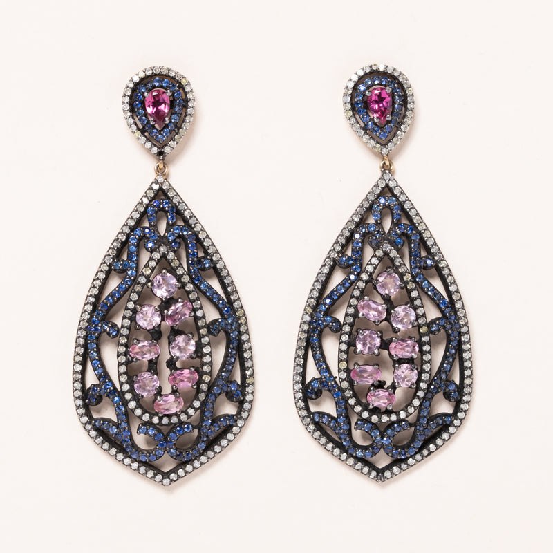 pink and blue sapphire silver earrings 