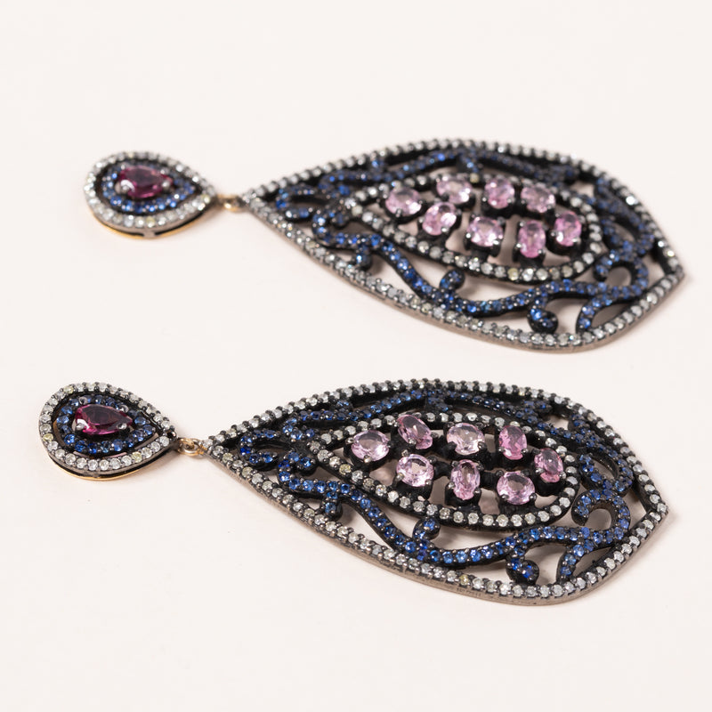 pink and blue sapphire silver earrings 